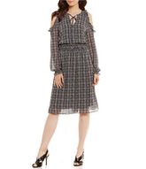 Michael Kors Tweed Haberdashery Print Georgette Cold Shoulder Midi Dress